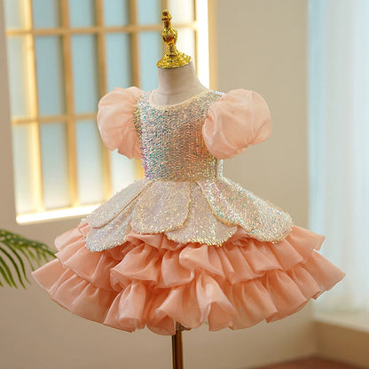 Dusty Rose Sequin Princess Flower Girl Dress – Puffy Ball Gown for Parties & Weddings