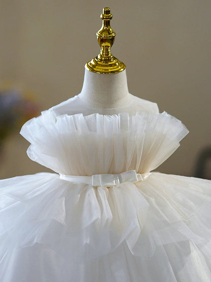 Princess Puffy Off-Shoulder White Tulle Flower Girl Dress | Ball Gown for Weddings & Parties