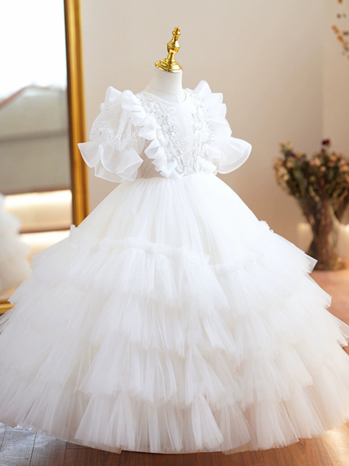 Princess Puffy Tulle Flower Girl Dress - White - White / 5-6 Years (130cm) - Fleur Kids Princess Puffy Tulle Flower Girl Dress - White - White / 5-6 Years (130cm) - Fleur Kids
