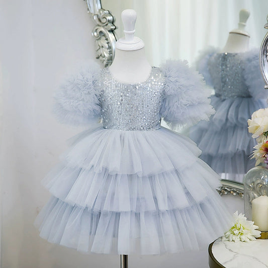 Light Blue Princess Puffy Tulle Flower Girl Dress - Ball Gown Style | Tea Length