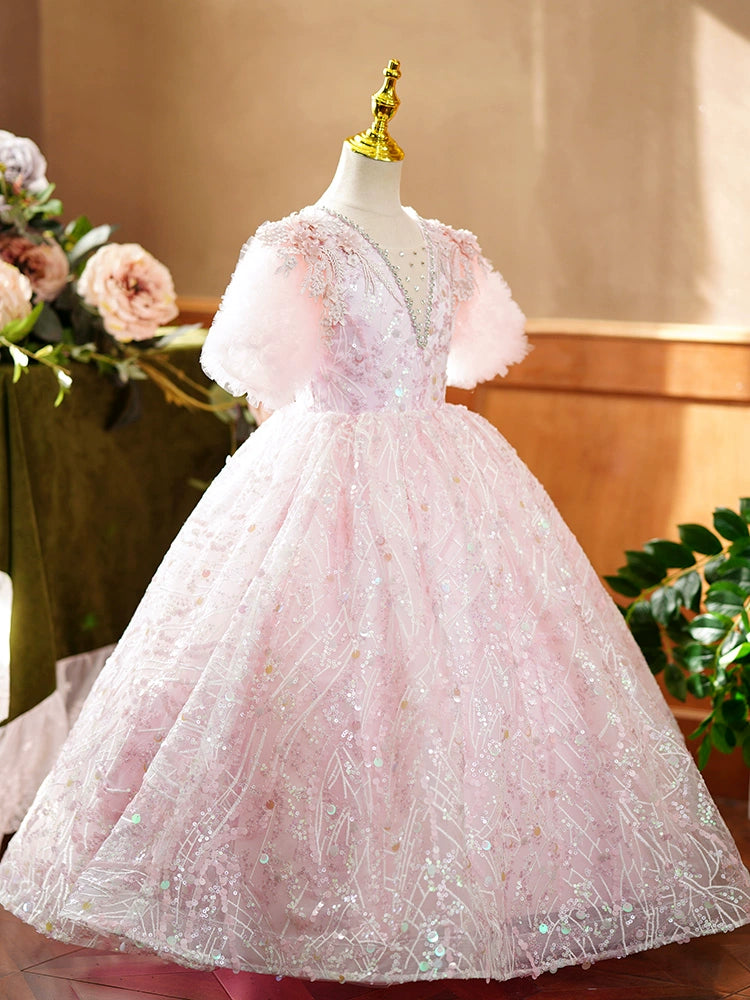 Princess Puffy V-Neck Flower Girl Dress with Sequins in Light Pink - Light Pink / 5-6 Years (130cm) - Fleur Kids Princess Puffy V-Neck Flower Girl Dress with Sequins in Light Pink - Light Pink / 5-6 Years (130cm) - Fleur Kids