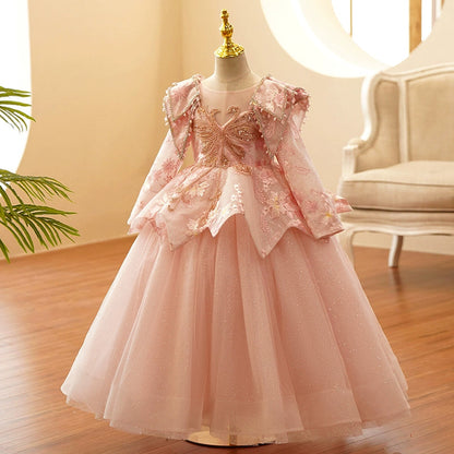 Pink Princess Maxi Tulle Flower Girl Dress – Tiered, Embroidered & Beaded