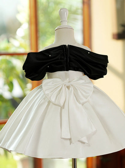 White Satin A-Line Flower Girl Dress with Bowknot, Ruffles & Sequins