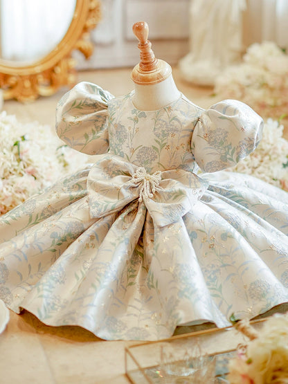 Light Blue Princess Satin Flower Girl Dress – Embroidered, Bow, and Sequin Details