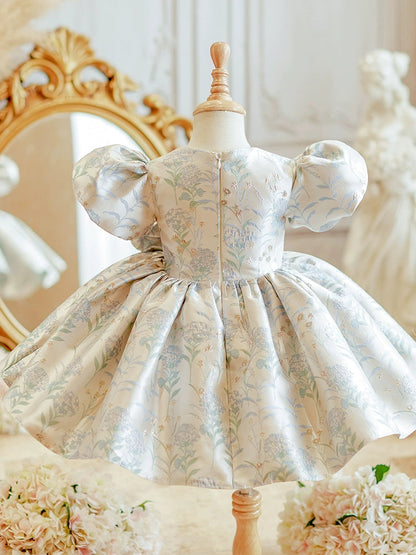 Light Blue Princess Satin Flower Girl Dress – Embroidered, Bow, and Sequin Details