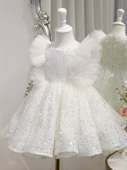 White Princess Sequin Flower Girl Dress – A-Line, Ruffles & Beads | Kids Party & Wedding Outfit