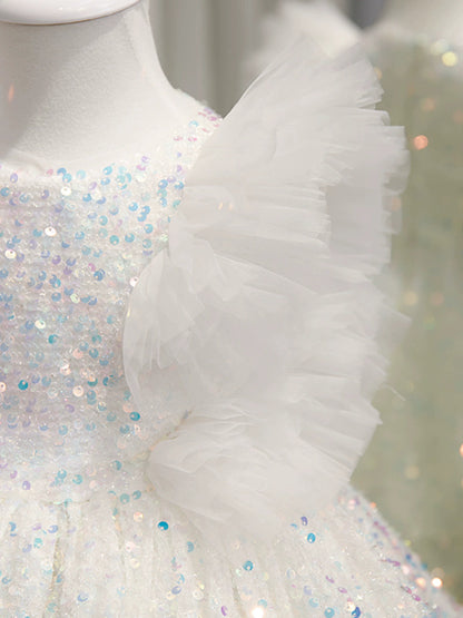 White Princess Sequin Flower Girl Dress – A-Line, Ruffles & Beads | Kids Party & Wedding Outfit