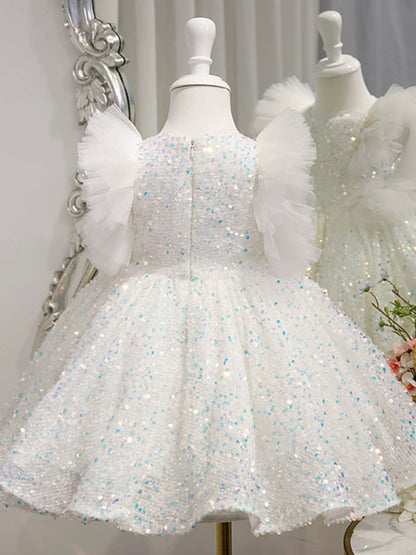 White Princess Sequin Flower Girl Dress – A-Line, Ruffles & Beads | Kids Party & Wedding Outfit