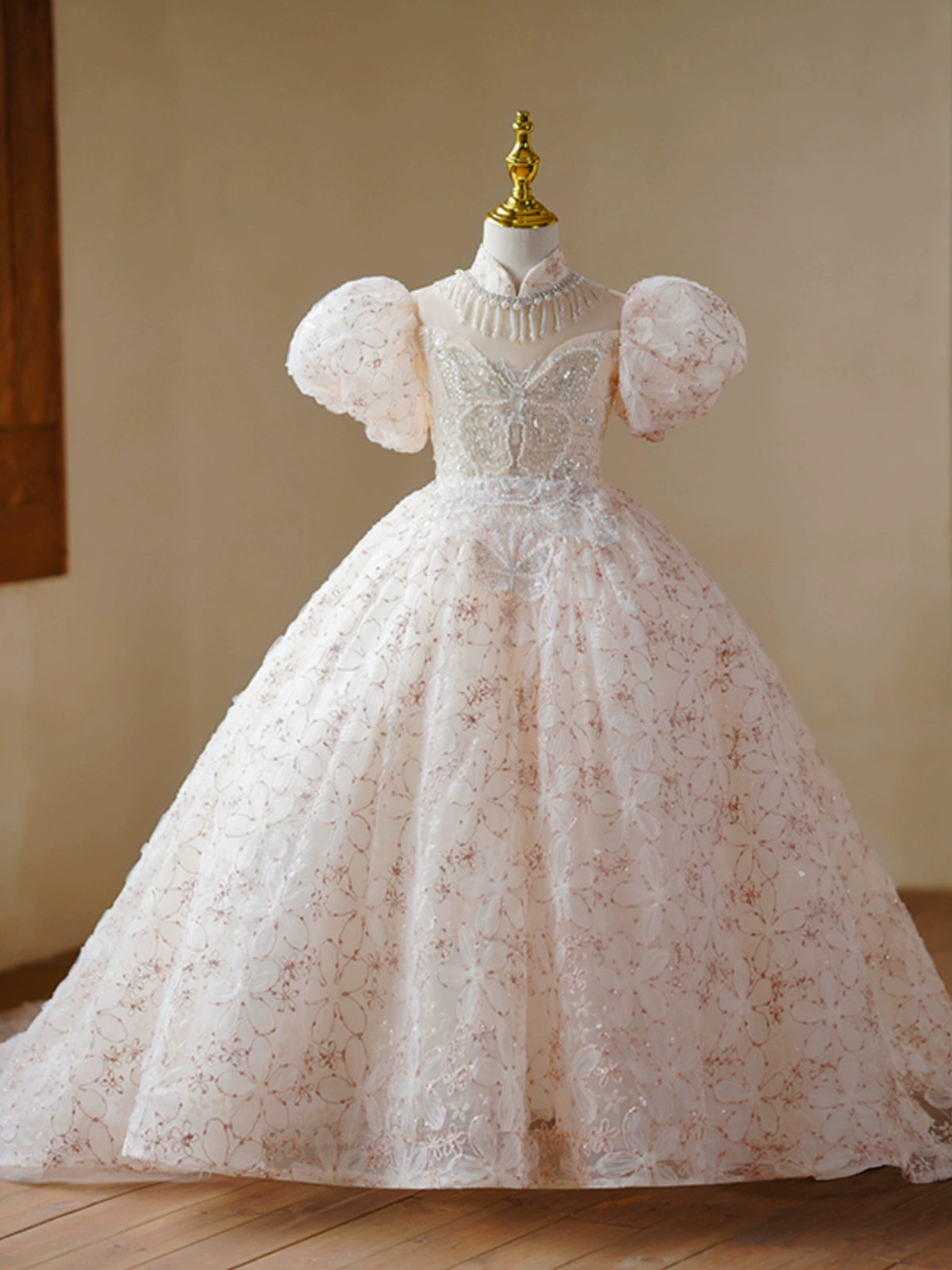 Champagne Sequined Princess Ball Gown – Floor Length Flower Girl Dress – FleurKids