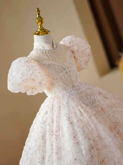 Champagne Sequined Princess Ball Gown – Floor Length Flower Girl Dress