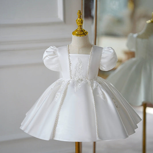 White Satin Princess Ball Gown Flower Girl Dress with Square Neck