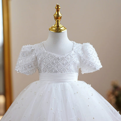 Princess Fairy Tea Length Puffy Tulle Dress for Girls – White Square Neck Flower Girl Gown