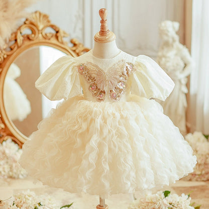 Champagne Princess Ball Gown Flower Girl Dress – Knee Length Satin & Tulle