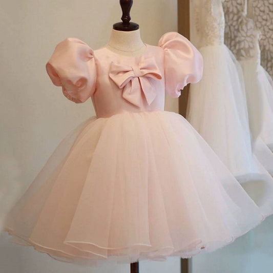 Light Pink Princess Ball Gown Tea Length Dress for Girls – Satin, Tulle, Ruffles & Bow