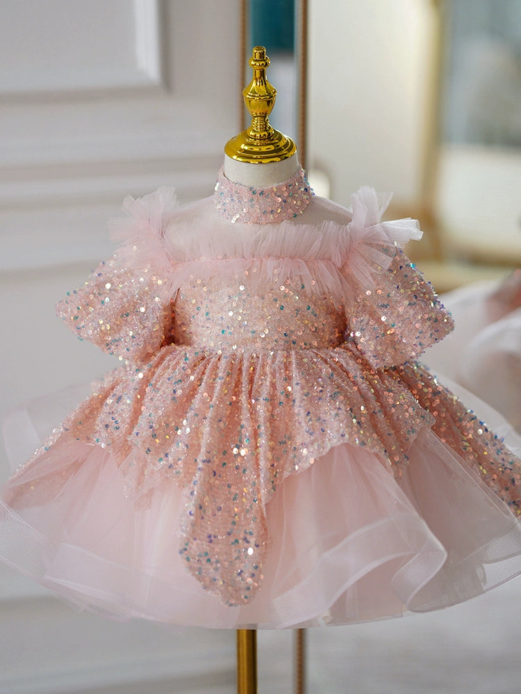 Princess Style Light Pink Sequin Flower Girl Dress with Illusion Neckline - Light Pink / 7-8 Years (140cm) - Fleur Kids Princess Style Light Pink Sequin Flower Girl Dress with Illusion Neckline - Light Pink / 7-8 Years (140cm) - Fleur Kids