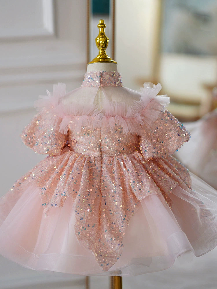 Princess Style Light Pink Sequin Flower Girl Dress with Illusion Neckline - Light Pink / 7-8 Years (140cm) - Fleur Kids Princess Style Light Pink Sequin Flower Girl Dress with Illusion Neckline - Light Pink / 7-8 Years (140cm) - Fleur Kids