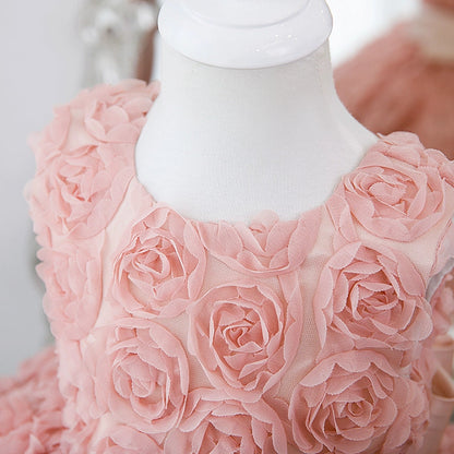 Puffy Princess Ball Gown with Floral Detail for Girls - Pink Fairy Party Dress
