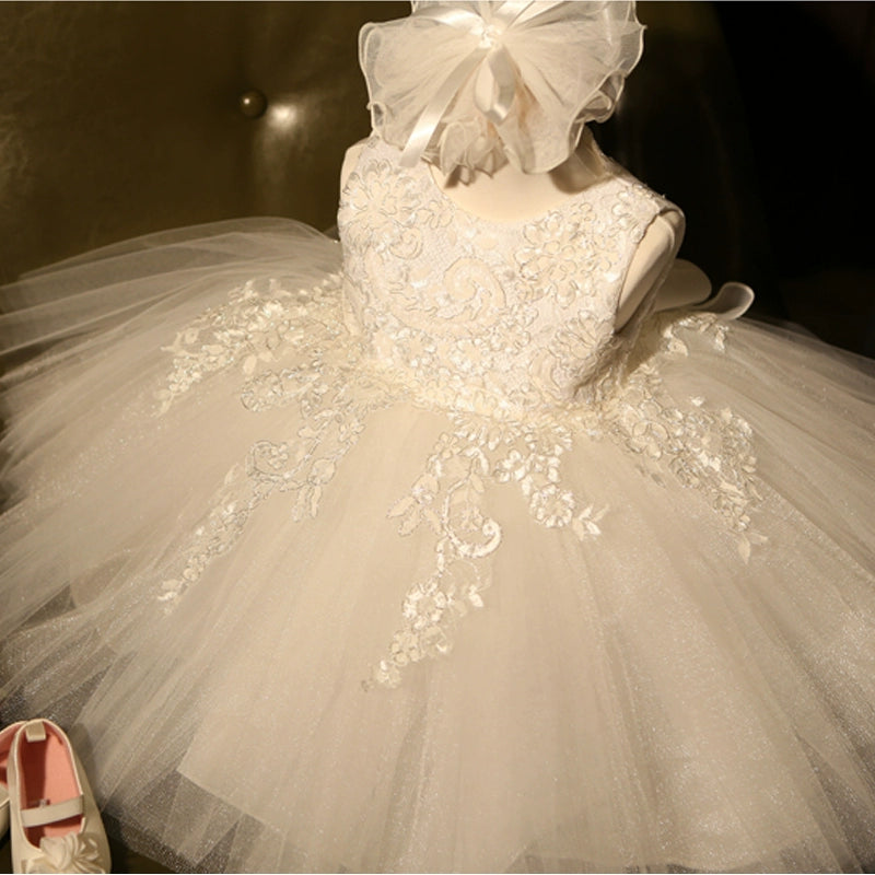 Princess Style Puffy Tulle Flower Girl Dress with Appliques White - White / 12-18 Months (80cm) - Fleur Kids Princess Style Puffy Tulle Flower Girl Dress with Appliques White - White / 12-18 Months (80cm) - Fleur Kids