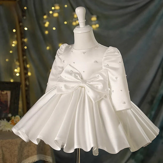 Princess Ball Gown Satin Flower Girl Dress – White Sequined Tea Length