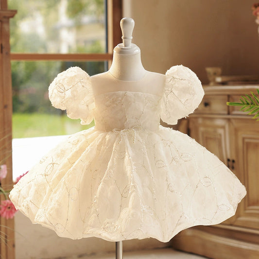 White Princess Ball Gown Flower Girl Dress – Sequined & Beaded Tea Length