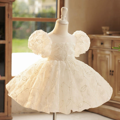 White Princess Ball Gown Flower Girl Dress – Sequined & Beaded Tea Length