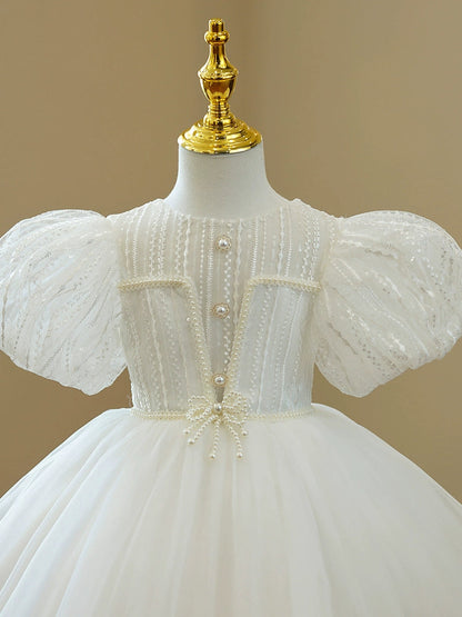 White Princess Ball Gown Mesh Dress for Girls – Sequins & Ruffles, Ages 1-12