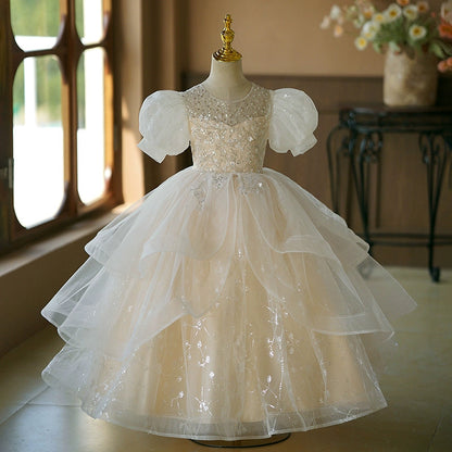 White Princess Organza Ball Gown Flower Girl Dress with Sequins for Parties & Weddings