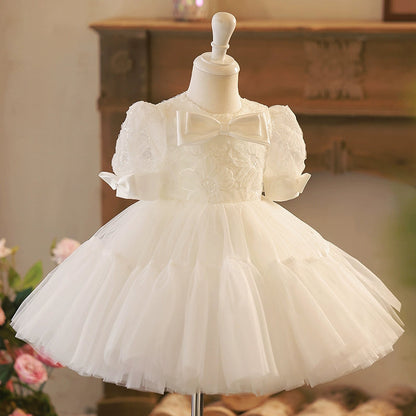 White Princess Puffy Flower Girl Dress – Ball Gown Tulle Party Dress for Girls
