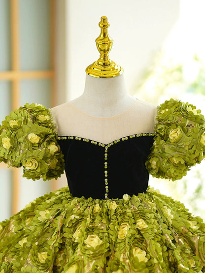 Fairy Green Princess Ball Gown Dress for Girls | Illusion Neck & Fabric Flowers