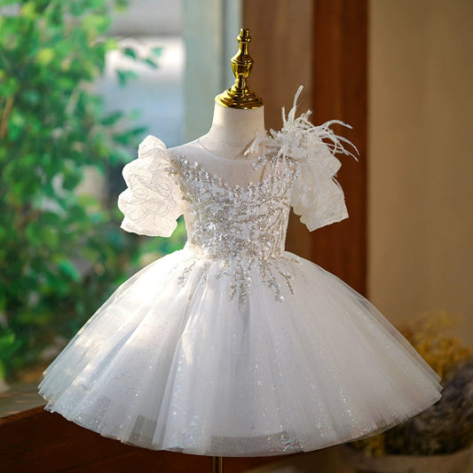 Princess Puffy White Flower Girl Dress – Tea Length Tulle Ball Gown