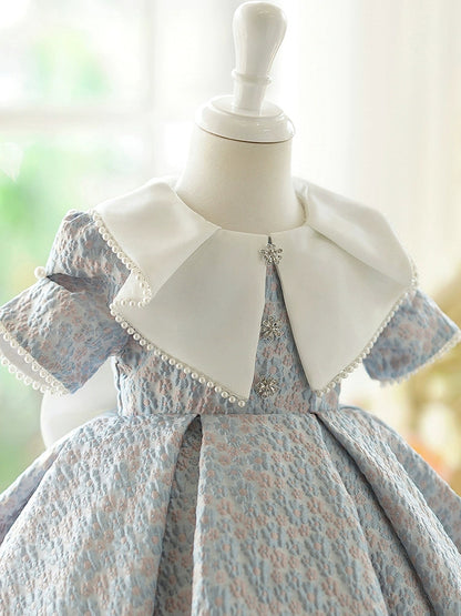 Dusty Blue Princess Satin Flower Girl Dress, Knee Length, Kids Party & Wedding Outfit