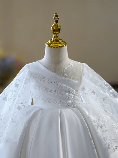 White Princess V-Neck Puffy Flower Girl Dress – Ball Gown for Parties & Weddings