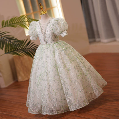 Light Green V-Neck Princess Sequin Flower Girl Dress - Floor Length Ball Gown for Parties & Weddings