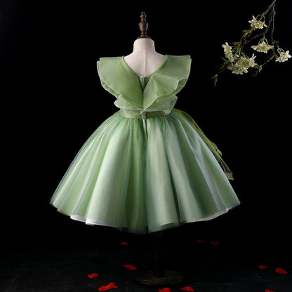 Green Puffy Tulle Flower Girl Dress – Princess V-Neck Party Gown for Ages 2-12