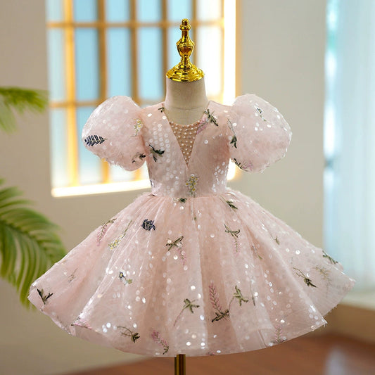 Pink Princess V-Neck Sequined Flower Girl Dress – Knee-Length Puff Ball Gown