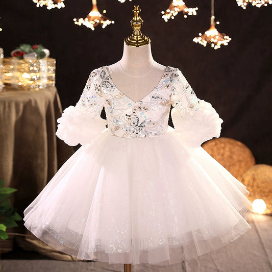 White Princess V-Neck Puffy Flower Girl Dress with Sequins – Ball Gown Style for Weddings & Parties