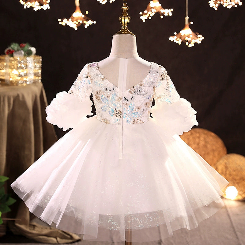White Princess V-Neck Puffy Flower Girl Dress with Sequins – Ball Gown Style for Weddings & Parties
