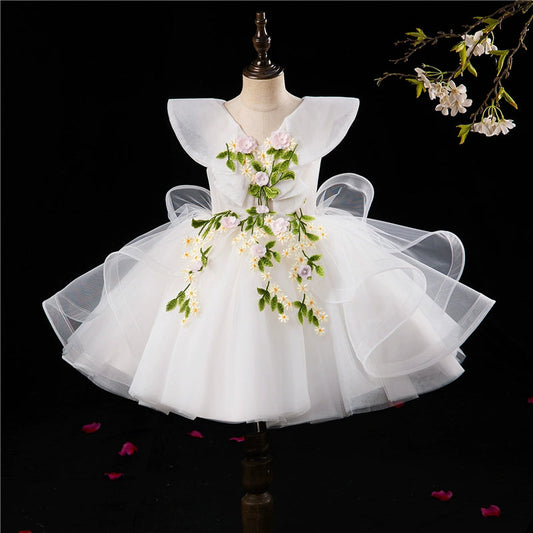 Princess V-Neck Puffy White Tulle Flower Girl Dress – Embroidered Party Gown