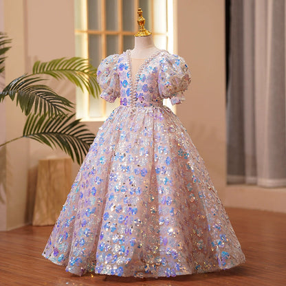Princess V-Neck Sequin Ball Gown for Girls | Floor Length Kids Party Dress