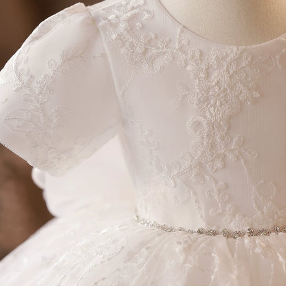 Princess White Lace Back Zip Baptism Lace Short Short Sleeve Puff Sleeve Round Flower Girl Dress