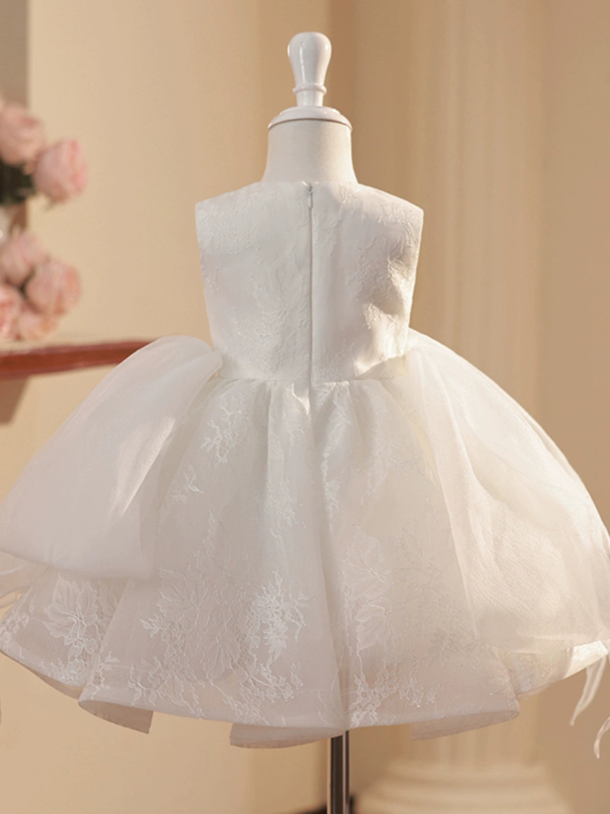 Princess White Polyester Back Zip Baptism Cascading Ruffles Tea Length Sleeveless Round Flower Girl Dress