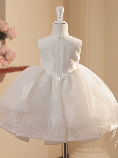 Princess White Polyester Back Zip Baptism Cascading Ruffles Tea Length Sleeveless Round Flower Girl Dress