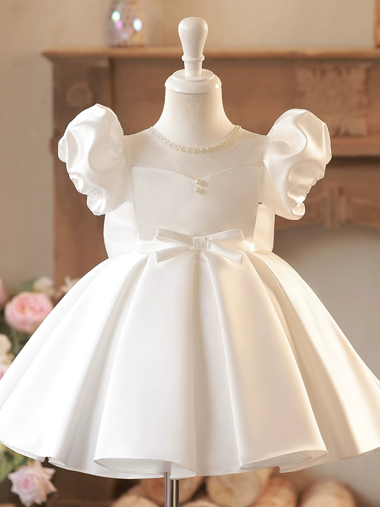 Princess White Satin Back Zip Baptism Bow(s) Tea Length Short Sleeve Puff Sleeve Jewel Neck Flower Girl Dress