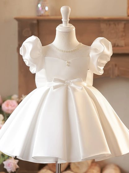 Princess White Satin Back Zip Baptism Bow(s) Tea Length Short Sleeve Puff Sleeve Jewel Neck Flower Girl Dress