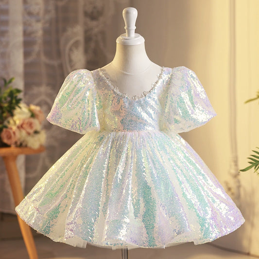 Princess White Sequined Back Zip Baptism Sequins Short Short Sleeve Puff Sleeve Round Flower Girl Dress