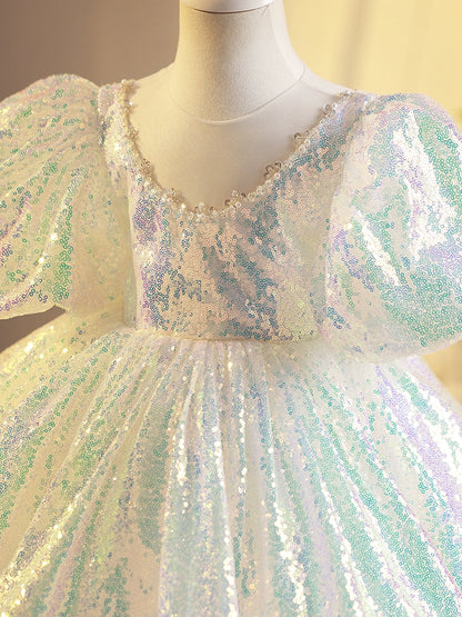 Princess White Sequined Back Zip Baptism Sequins Short Short Sleeve Puff Sleeve Round Flower Girl Dress