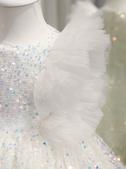 Princess White Sequined Back Zip Baptism Sequins Short Sleeve Cap Sleeve Round Flower Girl Dress