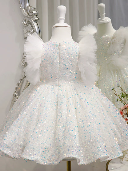 Princess White Sequined Back Zip Baptism Sequins Short Sleeve Cap Sleeve Round Flower Girl Dress