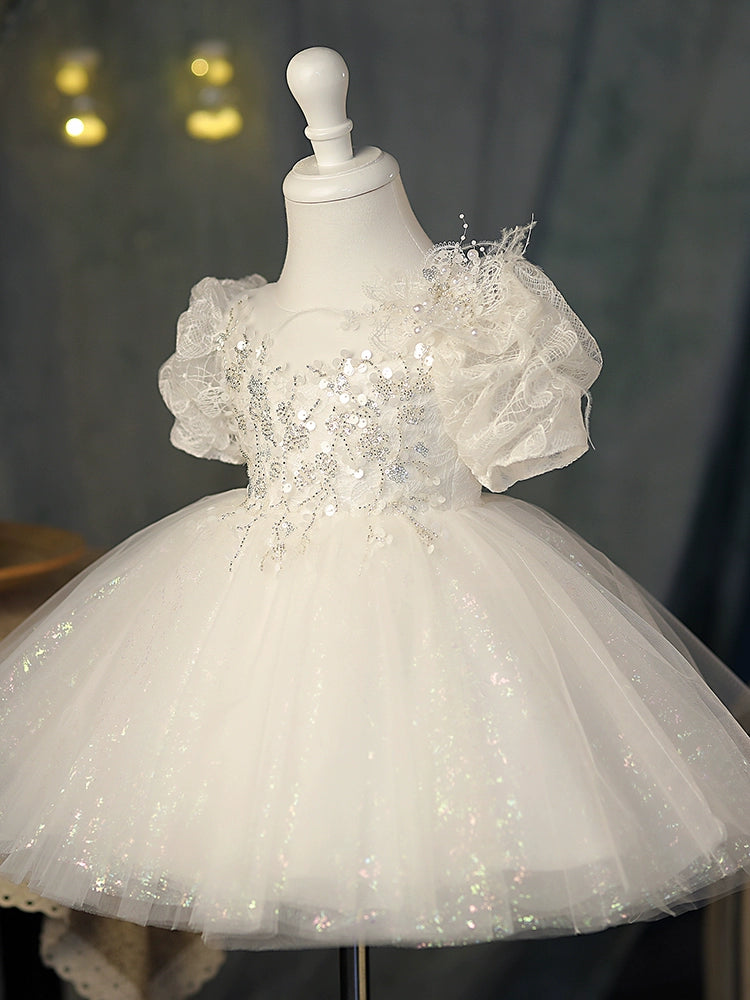 White Puffy Ball Gown Flower Girl Dress - Sweetheart Neck, Sequin & Lace