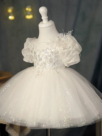 White Puffy Ball Gown Flower Girl Dress - Sweetheart Neck, Sequin & Lace | Cute Kids Party Dress
